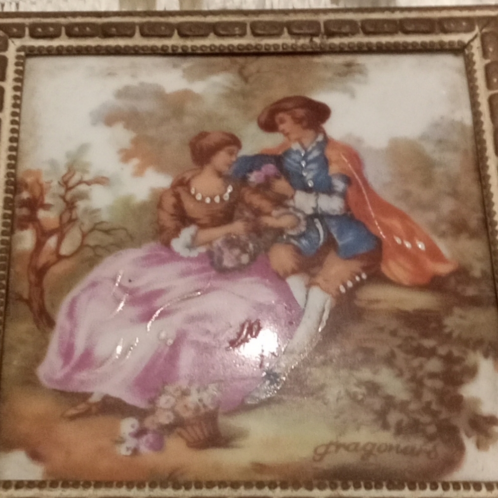 Vintage Limoges Tile with Romantic Scene Handpainted Porcelian Signed Fragonard